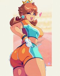 1girl ass benbeau blue_eyes blush border brown_hair cowboy_shot crown earrings from_behind gloves gradient_background grey_border highres jewelry long_hair looking_at_viewer looking_back mario_(series) mario_strikers_(series) midriff nintendo one_eye_closed open_mouth princess_daisy shorts smile solo sportswear standing super_mario_strikers sweat tongue tongue_out white_gloves wink