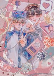 2boys alien_stage bandaid bandaid_on_face bandaid_on_nose black_eyes black_hair blue_jacket cellphone chinese_commentary collared_shirt commentary_request digital_media_player earphones fang gauze gauze_on_cheek green_eyes grey_hair grey_sweater hair_ornament hair_ribbon hairclip heart heart_hands_failure highres ivan_(alien_stage) jacket jingjue_de_yumiao long_sleeves male_focus multiple_boys open_mouth phone pill pink_ribbon red_pupils ribbon shirt smartphone smile spoken_heart sweater till_(alien_stage) white_shirt