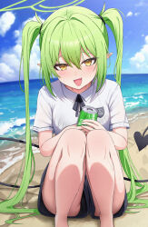 1girl :d absurdres alternate_costume beach blue_archive blue_sky can cloud collared_shirt commentary_request day demon_tail fang feet_out_of_frame green_hair green_halo hair_between_eyes halo highres holding holding_can icetea_art long_hair looking_at_viewer nozomi_(blue_archive) ocean open_mouth outdoors paid_reward_available pointy_ears shirt short_sleeves skin_fang sky smile solo tail twintails white_shirt yellow_eyes