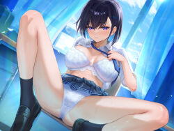 ass bare_legs black_footwear black_hair black_socks blue_background blue_necktie blush bra breasts breasts_apart butterfly_sitting chair classroom clothes_lift commentary_request dress_shoes exhibitionism indoors large_breasts leaning_back looking_at_viewer loose_necktie maeshimashi necktie on_chair open_clothes open_mouth open_shirt original panties public_indecency purple_eyes school_uniform short_sleeves sitting skirt skirt_lift socks sweat underbutt underwear white_bra window