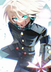 Rule 34 | 1boy, ahoge, android, armor, blue eyes, commentary, danganronpa (series), danganronpa v3: killing harmony, foreshortening, gloves, glowing, glowing eyes, hair between eyes, incoming attack, k1-b0, looking at viewer, lv k1b0, male focus, open mouth, pants, power armor, ringed eyes, robot ears, short hair, simple background, solo, white hair