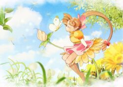 Rule 34 | 1girl, blue sky, boots, bow, bracelet, brown boots, brown hair, bud, bug, butterfly, closed eyes, closed mouth, cloud, commentary, dandelion, dandelion seed, earrings, flower, flower wand, flying, footwear flower, from side, full body, grass, hair bobbles, hair bow, hair ornament, highres, holding, holding wand, insect, jewelry, knee boots, leaf, lip (panel de pon), long hair, low-tied long hair, mini person, minigirl, nature, on flower, outdoors, panel de pon, pink bow, pink skirt, pointy ears, ponytail, puffy short sleeves, puffy sleeves, shimadai587779, shirt, short sleeves, sitting, skirt, sky, smile, solo, tree, very long hair, wand, white butterfly, yellow flower, yellow shirt