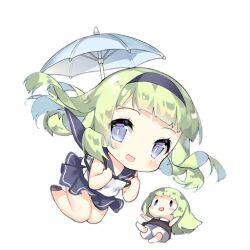 2girls :d bare_legs blue_eyes blue_hairband blue_sailor_collar blue_skirt blunt_bangs blush blush_stickers brown_dress brown_shoes chest_harness chibi dress fairy_(girls&#039;_frontline) falling floating_hair full_body girls&#039;_frontline green_hair hairband harness holding long_hair looking_at_viewer multiple_girls official_art open_mouth parachute_fairy_(girls&#039;_frontline) sailor_collar saru shirt shoes simple_background skirt sleeveless sleeveless_shirt slit_pupils smile third-party_source transparent_background umbrella white_shirt |_|