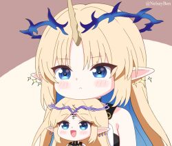 2girls blonde_hair blue_eyes blue_hair bnelsey cartethyia_(wuthering_waves) chin_rest closed_mouth colored_inner_hair commentary crown_of_thorns dual_persona earrings english_commentary fleurdelys_(wuthering_waves) floating_earrings head_on_head head_rest horns jewelry long_hair multicolored_hair multiple_girls open_mouth parted_bangs pointy_ears sidelocks single_horn smile twitter_username very_long_hair wuthering_waves yellow_horns