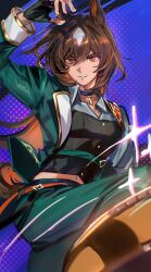 1girl absurdres animal_ears black_gloves bojue_(hakus_1128) brown_hair commentary fingerless_gloves gloves green_jacket green_pants hair_between_eyes highres horse_ears horse_girl jacket long_hair long_sleeves looking_at_viewer multicolored_hair pants pendant_choker sirius_symboli_(umamusume) solo streaked_hair umamusume white_hair