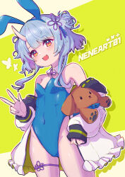 Rule 34 | 1girl, animal ears, bare shoulders, blue hair, blue leotard, breasts, brown eyes, busou kanojo, coat, covered navel, double bun, fake animal ears, groin, hair bun, highleg, highleg leotard, highres, horns, kome no aru seikatsu, leotard, long hair, nenemaru (busou kanojo), off shoulder, open mouth, playboy bunny, rabbit ears, single horn, small breasts, smile, solo, strapless, strapless leotard, stuffed animal, stuffed toy, thighs, v, virtual youtuber, white coat