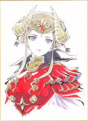 1girl armor breasts cape cropped_torso double_bun edelgard_von_hresvelg edelgard_von_hresvelg_(timeskip) fire_emblem fire_emblem:_three_houses hair_bun highres horn_ornament horns medium_breasts nintendo purple_eyes red_armor red_cape shikishi sidelocks solo traditional_media tsubameyado upper_body