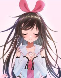 1girl brown_hair closed_eyes closed_mouth detached_sleeves headband highres kizuna_ai kizuna_ai_inc. long_hair looking_at_viewer nagori_(nagori_7575) pink_headband pink_sailor_collar sailor_collar shirt smile solo virtual_youtuber white_background white_shirt white_sleeves