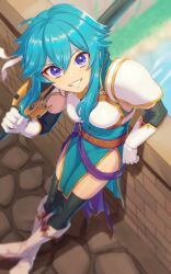 1girl absurdres aduti_momoyama ahoge armor belt blue_hair blue_tunic boots breastplate breasts bridge commission commissioner_upload elbow_gloves fire_emblem fire_emblem:_genealogy_of_the_holy_war from_above gloves headband highres holding holding_sword holding_weapon if_they_mated leaning_back looking_at_viewer looking_up medium_breasts nintendo original over_shoulder pelvic_curtain popped_collar purple_eyes river sash second-party_edit selia sheath sheathed short_hair shoulder_armor sidelocks skeb_commission smile solo standing sword sword_over_shoulder thighhighs thighs tunic weapon weapon_over_shoulder white_headband