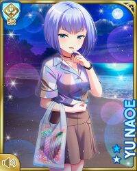 Rule 34 | 1girl, bag, beach, black skirt, blue eyes, blue hair, blue shirt, blunt bangs, card, character name, collarbone, fireworks, full moon, girlfriend (kari), jewelry, moon, naoe yu, necklace, night, night sky, ocean, official art, open mouth, outdoors, qp:flapper, sand, shirt, short hair, skirt, sky, smile, tagme