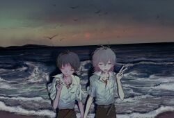 2boys :d beach belt bird black_hair black_pants camera_flash collared_shirt cowboy_shot fishcoooo grey_hair grey_sky hair_between_eyes high-waist_pants highres holding_hands ikari_shinji looking_at_viewer looking_to_the_side male_focus medium_hair multiple_boys nagisa_kaworu neon_genesis_evangelion ocean open_mouth outdoors pants red_eyes shirt short_hair sky smile undershirt v waves white_shirt