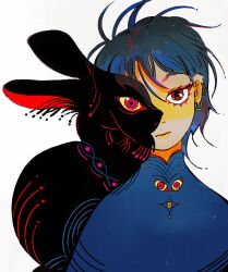 1girl animal animal_on_shoulder birdfrogdraws black_rabbit_(animal) blue_hair blue_shirt closed_mouth colored_sclera eyelashes highres looking_ahead looking_at_viewer mismatched_sclera nostrils optical_illusion original rabbit red_eyes shirt short_hair simple_background solo straight-on white_background wind yellow_sclera
