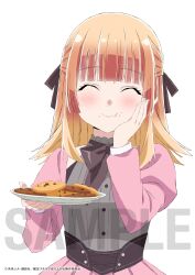 1girl ^_^ absurdres anime_coloring blonde_hair blush bow bowtie brown_ribbon closed_eyes closed_mouth cookie copyright_name corset dress eating food hair_ribbon hand_on_own_cheek hand_on_own_face happy highres holding holding_plate long_hair long_sleeves lycia_plaid pink_dress plate purple_corset ribbon sample_watermark simple_background smile solo standing straight-on sweets tensei_kizoku_kantei_skill_de_nariagaru upper_body watermark white_background yahiro_yuuko