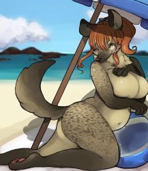 1girl breasts brown_eyes brown_hair female_focus furry furry_female highres hyena nebura337 no_nipples ponytail solo umbrella