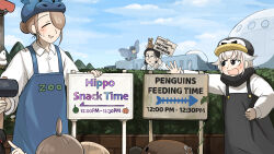 Rule 34 | 2boys, 5girls, absurdres, apron, bird, black hair, black overalls, black scarf, blue apron, bob cut twin (diva), brown hair, closed eyes, commentary, diva (hyxpk), donut stamp, duck, english commentary, english text, food, glasses, grey hair, hair over one eye, hat, hedge, highres, hippopotamus keeper (diva), holding, holding sign, mouse (animal), multiple boys, multiple girls, overalls, penguin fan (diva), penguin hat, penguin keeper (diva), pigeon, popcorn, round eyewear, scarf, shirt, sign, survey girl (diva), topknot twin (diva), urban area keeper (diva), white shirt, zoo, zookeeper, zookeepers (diva)