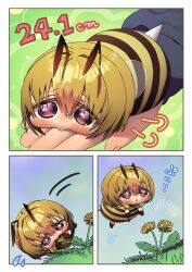 1boy 1girl antenna_hair arthropod_girl bee_antenna bee_girl bee_print blonde_hair brown_gloves centimeters flower gloves insect_girl measurements mini_person minigirl motion_lines on_hand original outdoors purple_eyes size_comparison size_difference sound_effects stinger swetdrop uryuuminene18 wings