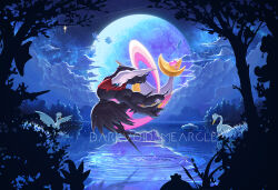 cloud commentary cresselia darkrai darkvoiddoble gen_4_pokemon gen_5_pokemon legendary_pokemon looking_back moon mythical_pokemon night nintendo no_humans outdoors pokemon pokemon_(creature) ripples sky swanna tree water
