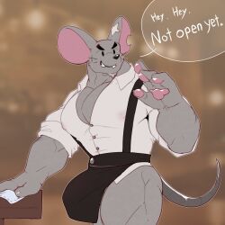 1boy animal_ears apron bara buck_teeth cheesemaster_(cookie_run) claws commentary cookie_run cookie_run:_witch&#039;s_castle croiyan english_commentary english_text furry furry_male highres looking_to_the_side male_focus mouse_boy mouse_ears mouse_tail muscular muscular_male no_pants notched_ear pawpads pectorals scar scar_on_ear shirt smile speech_bubble sweatdrop tail teeth waist_apron whiskers white_shirt