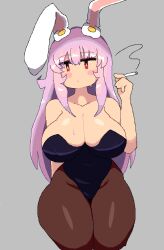 1girl absurdres animal_ears black_leotard breasts cigarette commentary curvy english_commentary feet_out_of_frame highleg highleg_leotard highres holding holding_cigarette huge_breasts leotard long_hair notnoe_(dxcl) playboy_bunny purple_hair rabbit_ears red_eyes reisen_udongein_inaba simple_background smoking solo strapless strapless_leotard thick_thighs thighs touhou