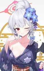 Rule 34 | 1girl, ;d, absurdres, black kimono, black sash, blue archive, blue bow, blue flower, blush, bow, braid, breasts, cherry blossom print, chinese commentary, cleavage, collarbone, commentary, commentary request, english commentary, eyelashes, floral print, floral print kimono, flower, grey hair, grin, hair between eyes, hair bow, hair bun, hair flower, hair ornament, halo, hand up, haruna (blue archive), haruna (new year) (blue archive), highres, japanese clothes, kanzashi, kimono, large breasts, lcz, long sleeves, looking at viewer, medium hair, mixed-language commentary, nengajou, new year, no bra, official alternate costume, official alternate hairstyle, one eye closed, open mouth, print kimono, red eyes, red halo, sash, simple background, single bare shoulder, single braid, single hair bun, smile, solo, tsurime, upper body, white background, white flower, wide sleeves, x hair ornament
