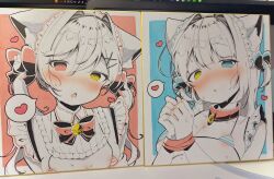 2girls animal_collar animal_ear_fluff animal_ears aroused bell bib_collar bikini blue_background blue_bikini blue_bow blue_eyes blunt_bangs blush border bound bound_wrists bow bowtie breasts character_request chestnut_mouth collar commentary_request detached_collar detached_sleeves ears_down fang frilled_headwear frills frown hair_intakes hair_ornament half-closed_eyes heart heterochromia highres jingle_bell komugi-chan_(komugi) komugi_(2212) long_hair looking_at_viewer maid maid_bikini marker_(medium) micro_bikini millipen_(medium) multiple_girls neck_bell nose_blush original outside_border pen_(medium) photo_(medium) portrait raised_eyebrows red_background red_bikini red_bow red_bowtie red_collar red_eyes short_hair skin_fang small_breasts spoken_heart striped_bikini striped_clothes sweat swept_bangs swimsuit traditional_media two_side_up unconventional_maid white_border white_hair x_hair_ornament yellow_eyes