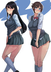 &gt;:( 2girls absurdres black_hair black_skirt blue_eyes blush bow bowtie breasts brown_eyes brown_hair closed_mouth covered_erect_nipples cowboy_shot frown highres julioalqae large_breasts long_hair looking_at_viewer miniskirt multiple_girls original red_bow red_bowtie school_swimsuit short_hair skirt skirt_tug sleeves_rolled_up socks sweater_vest swimsuit v-shaped_eyebrows white_legwear