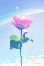 1girl black_hair blue_sky bug butterfly day dress english_text flower highres holding holding_umbrella huhv. insect leaf long_hair original outdoors pink_flower purple_dress purple_flower rainbow sky solo standing umbrella white_butterfly wide_shot