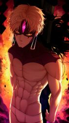 1boy abs absurdres closed_mouth dandadan earrings enjoji_jin evil_eye_(dandadan) highres jewelry looking_at_viewer male_focus male_underwear mixed-language_commentary muscular muscular_male pectorals possessed short_hair solo tettora third_eye topless_male transformation underwear upper_body white_male_underwear yellow_eyes