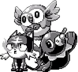 bird cat commentary creatures_(company) english_commentary full_body game_freak gen_7_pokemon greyscale litten lowres monochrome monochrome nintendo pat_attackerman pixel_art pokemon pokemon_(creature) popplio rowlet sprite starter_pokemon_trio transparent_background