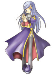 Rule 34 | 1girl, 2000s (style), artist request, bad id, blue eyes, blue hair, closed mouth, cross, cross necklace, dress, full body, garter straps, grey thighhighs, jewelry, juliet sleeves, long hair, long sleeves, looking at viewer, lowres, necklace, official art, priest (ragnarok online), puffy sleeves, purple dress, purple shoes, ragnarok online, shoes, simple background, smile, solo, standing, thighhighs, white background