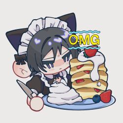 1boy alternate_costume animal_ears black_bow black_dress black_hair blueberry blunt_ends blush bow bright_pupils brown_pantyhose cat_boy cat_ears chibi closed_mouth crossdressing dress ear_blush enmaided food frilled_dress frilled_hairband frills fruit genshin_impact hair_bow hair_intakes hairband heart highres holding holding_knife juliet_sleeves knife light_frown long_sleeves looking_at_food looking_at_viewer maid maid_headdress male_focus male_maid pancake pancake_stack pantyhose plate puffy_sleeves purple_eyes scaramouche_(genshin_impact) short_sleeves solo strawberry table_knife wa_gi88 whipped_cream white_background white_hairband white_headdress white_pupils wispy_bangs