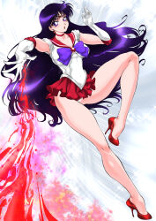 absurdres back_bow bishoujo_senshi_sailor_moon black_hair bow bowtie breasts circlet earrings elbow_gloves fire gem gloves high_heels highres hino_rei jewelry long_hair looking_at_viewer miniskirt panties panty_peek pleated_skirt purple_bow purple_bowtie purple_eyes red_brooch red_gemstone red_sailor_collar red_shoes red_skirt sailor_collar sailor_mars sailor_senshi_uniform shoes skirt solo thick_thighs thighs underwear v-shaped_eyebrows white_gloves yuri_ai