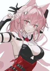 1girl 2naom8q6gt87292 absurdres animal_ears arknights bare_shoulders braid breasts cleavage highres large_breasts long_hair looking_at_viewer parted_lips pink_eyes pink_hair pink_nails pozyomka_(arknights) simple_background solo upper_body very_long_hair white_background wolf_ears