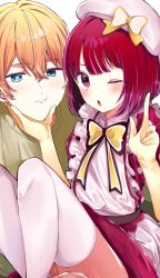 Rule 34 | 1boy, 1girl, :t, ;o, arima kana, beret, blonde hair, blue eyes, blush, bow, bowtie, closed mouth, dress, gloves, hair between eyes, hat, highres, hoshino aquamarine, idol clothes, one eye closed, open mouth, oshi no ko, red eyes, red hair, risdelusions, short hair, star-shaped pupils, star (symbol), symbol-shaped pupils, thighhighs, white hat, white thighhighs, yellow bow, yellow bowtie, yellow gloves