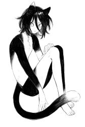 1girl animal_ears barefoot cat_ears cat_girl cat_tail completely_nude dungeon_meshi floating from_side frs2 full_body greyscale hair_between_eyes highres izutsumi knees_up monochrome nude short_hair simple_background solo tail two-tone_fur