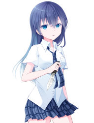1girl akuma_no_riddle alternate_hair_length alternate_hairstyle azuma_tokaku black_hair blue_eyes blue_necktie blue_skirt cowboy_shot dress_shirt female_focus hair_between_eyes holding holding_knife knife kotomiracle long_hair looking_at_viewer miniskirt necktie pleated_skirt shirt simple_background skirt solo standing very_long_hair white_background white_shirt