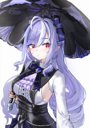 1girl absurdres ascot black_bow black_bowtie black_nails black_skirt black_umbrella bow bowtie breasts center_frills closed_mouth commentary dress fingernails frills hair_bow highres holding holding_umbrella large_breasts light_blush long_hair long_sleeves looking_at_viewer mmsk mole mole_under_eye multicolored_hair nail_polish overskirt parasol pointy_ears purple_ascot purple_bow purple_bowtie purple_eyes purple_hair red_eyes shrug_(clothing) sidelocks simple_background skirt solo streaked_hair umbrella upper_body very_long_hair vivian_banshee white_background white_dress white_shrug zenless_zone_zero