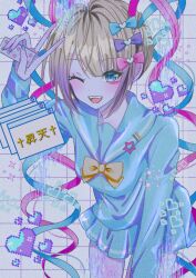 1girl ;d blonde_hair blue_eyes blue_hair blue_serafuku bow chest_bow chouzetsusaikawa_tenshi-chan colored_tips cowboy_shot distortion grid_background hair_bow heart highres holding holding_pill looking_at_viewer multicolored_hair multiple_hair_bows needy_girl_overdose one_eye_closed open_mouth pink_hair quad_tails reno_(re_leno) school_uniform serafuku smile solo static teeth upper_teeth_only v window_(computing)