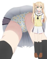 1girl :o absurdres arms_behind_back ascot ass black_ascot black_socks blonde_hair brown_shoes commentary_request commission dot_nose floral_print_panties flower_panties from_below full_body green_eyes hair_intakes hair_ornament highres kneehighs loafers long_hair miniskirt mtu_virus multiple_views open_mouth panties pixiv_commission piyoyama puffy_short_sleeves puffy_sleeves sailor_collar school_uniform serafuku shirt shoes short_sleeves skirt socks standing summer_pockets summer_pockets_school_uniform sweater_vest tsumugi_wenders twintails underwear upskirt white_panties white_sailor_collar white_serafuku white_shirt white_skirt x_hair_ornament yellow_sweater_vest