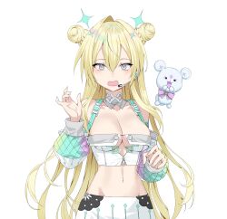 1girl bandeau bare_shoulders blonde_hair blue_eyes breasts cleavage clothing_cutout crop_top detached_collar detached_sleeves double_bun hair_bun hand_up highres jaeyun long_hair looking_at_viewer medium_breasts midriff navel open_mouth original skirt solo stomach strapless tube_top underboob underboob_cutout upper_body very_long_hair white_bandeau white_skirt