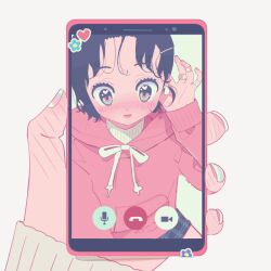 1girl animated animated_gif bandaid bandaid_on_hand black_hair blinking blush cellphone commentary green_eyes hair_ornament hairpin hand_blush heart heart_in_eye holding holding_phone hood hoodie looping_animation original phone pink_hoodie plaid_clothes plaid_shorts short_shorts shorts sleeves_past_wrists smartphone solo sticker symbol_in_eye turtleneck video_call vivinos