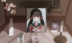 Rule 34 | black hair, black sailor collar, breasts, collarbone, danganronpa (series), danganronpa v3: killing harmony, flower, gakkiyui1, hair ornament, hairclip, harukawa maki, highres, iei, long hair, low twintails, mole, mole under eye, no humans, photo (object), red eyes, red scrunchie, red shirt, sailor collar, scrunchie, shirt, small breasts, twintails, vase