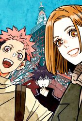 1girl 2boys bag blue_sky commentary_request facial_mark fushiguro_megumi high_collar highres itadori_yuuji jujutsu_kaisen kugisaki_nobara light_brown_hair looking_at_viewer looking_to_the_side multiple_boys open_mouth pale_skin pink_hair pink_lips short_hair shoulder_bag sky smile spiked_hair takeuchi_ryousuke tokyo_tower undercut upper_body