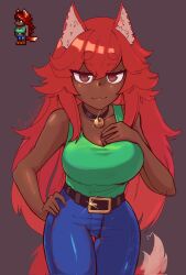 1girl animal_ears artist_name bell belt blue_pants breasts brown_eyes brown_hair collar dark_skin fox_ears fox_girl green_shirt green_tank_top greyl1me hand_on_own_chest hand_on_own_hip highres jingle_bell large_breasts looking_at_viewer monster_girl official_art_inset pants pink_pupils red_hair shirt simple_background tank_top terraria tight_clothes tight_pants watermark zoologist_(terraria)