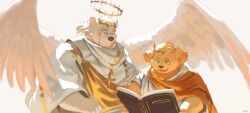 2boys 6xiachunqiu7 angel_wings animal_ears bara bear bear_boy bear_ears book commentary cross cu_sith_(housamo) dog_boy dog_ears dog_nose english_commentary floppy_ears furry furry_male gold_robe halo highres holding holding_book laurel_crown leib_(housamo) looking_at_another male_focus monocle multiple_boys open_mouth plump polar_bear reading robe smile tokyo_houkago_summoners white_fur white_robe wings yellow_fur