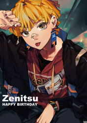 Rule 34 | 1boy, :p, absurdres, agatsuma zenitsu, amo (amo 0514), arm on thigh, arm up, bandaid, bandaid on face, bandaid on nose, between legs, black jacket, black shirt, blonde hair, blurry, blurry background, character name, closed mouth, clothes writing, collarbone, commentary request, copyright name, drawstring, earrings, fanny pack, feet out of frame, fingernails, grey pants, hand between legs, happy birthday, head tilt, highres, hood, hood down, hooded sweater, indoors, jacket, jewelry, kimetsu no yaiba, kishimen hair, long sleeves, looking at viewer, male focus, nail polish, open clothes, open jacket, pants, pocket, red nails, red sweater, shirt, short hair, sitting, solo, sweater, thick eyebrows, tongue, tongue out, turning head, watch, white bag, wristwatch, yellow eyes