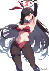 1girl ai-generated animal_ears arm_up armpits black_hair black_halo black_pantyhose blue_archive blush bow bowtie bra breasts bright_pupils cleavage closed_mouth detached_collar fake_animal_ears gloves hair_ornament hairclip hairpin halo highres large_breasts leotard long_hair lowball01 navel pantyhose playboy_bunny rabbit_ears red_bra red_eyes red_halo rio_(blue_archive) sideboob simple_background solo strapless thigh_strap underwear very_long_hair white_pupils