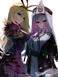 2girls alternate_costume black_dress black_eyes black_ribbon blonde_hair bug butterfly corset dress gap_(touhou) hair_between_eyes hat highres insect kaliningradg koumajou_densetsu koumajou_densetsu_2 light_smile long_hair long_sleeves looking_at_viewer medium_hair multiple_girls pink_hair purple_dress ribbon saigyouji_yuyuko touhou veil white_background yakumo_yukari