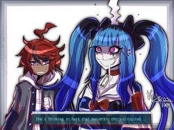 Rule 34 | 1boy, 1girl, amemiya darumi, black hair, blue eyes, blue hair, border, bow, collar, drooling, ear piercing, futurexhope, grey border, grey jacket, highres, hood, hoodie, jacket, long sleeves, multicolored hair, open mouth, piercing, pink eyes, red bow, red collar, red hair, roots (hair), safety pin, shirt, short hair, striped clothes, striped shirt, sumino takumi, the hundred line -last defense academy-, twintails, upper body, white background, white hoodie