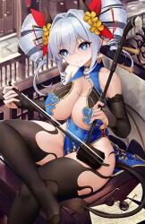 1girl animated bouncing_breasts breasts chinese_clothes demon_girl detached_sleeves feet heart heart-shaped_pupils instrument niliu_chahui original shione_(niliu_chahui) sitting smile symbol-shaped_pupils tagme video white_hair